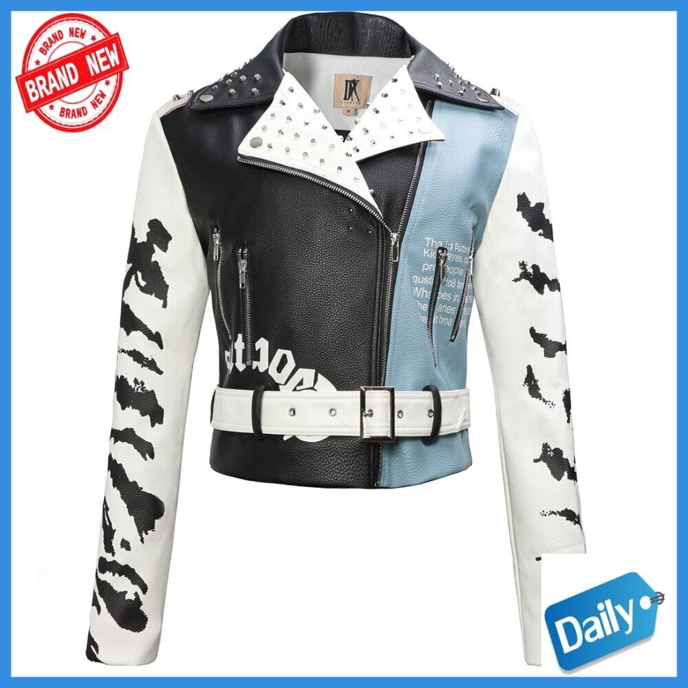 Faux Leather Biker Jacket with Studded Rivets, Slim Fit, Water Resistant